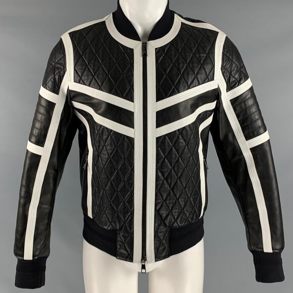 NEIL BARRETT Size M Black White Quilted Leather Zip Up Jacket - Picture 1 of 10